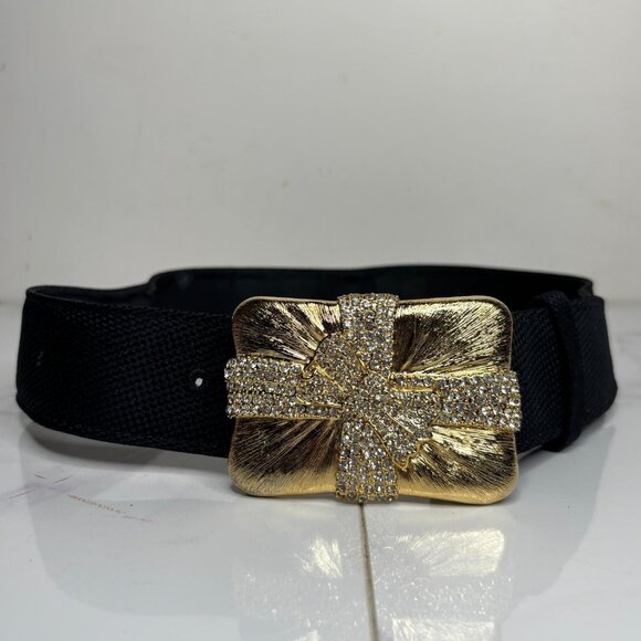 90s CARLISLE Gold Plated Rhinestone BOW Present Sculptural Buckle & Belt Strap P main image 6